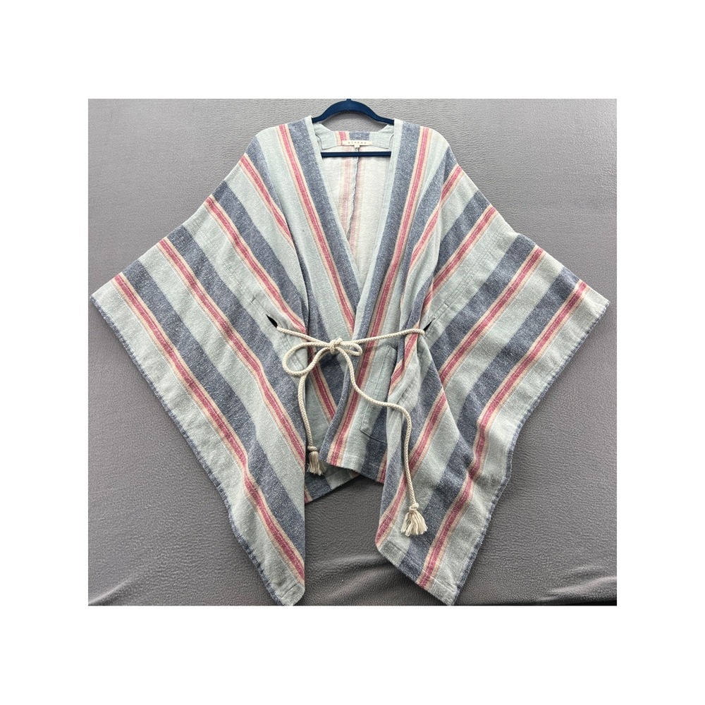 Xirena Poncho Womens XS Striped Wrap Red Blue Cream Rope Tie Belt